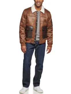 Jack Distressed Brown Mens Aviator Leather Jacket Stand Up