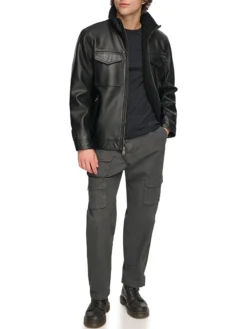 Jack Mens Black Real leather jacket Stand UP