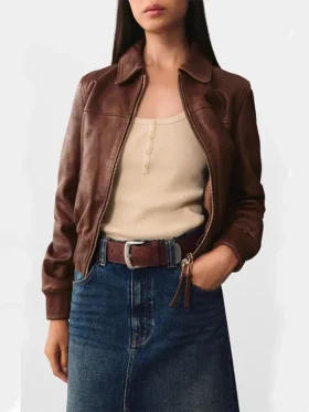 Jenna Brown Classic Collar Leather Jacket Front