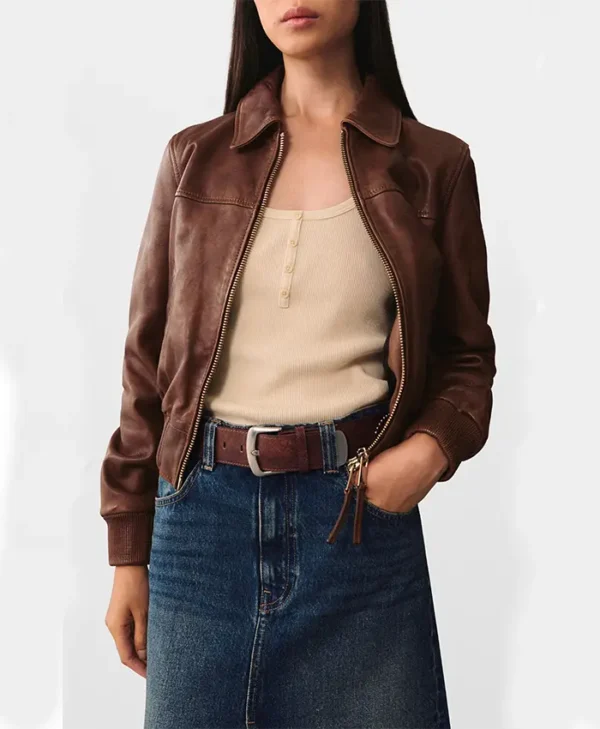 Jenna Brown Classic Collar Leather Jacket Front