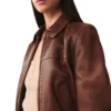 Jenna Brown Classic Collar Leather Jacket Zipper