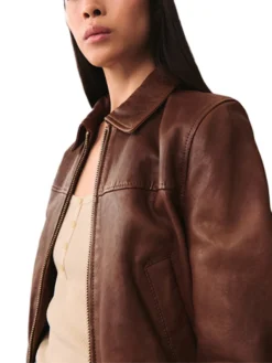 Jenna Brown Classic Collar Leather Jacket Zipper