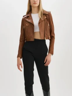 Jenna Women Waxed Leather Jacket Brown Stand