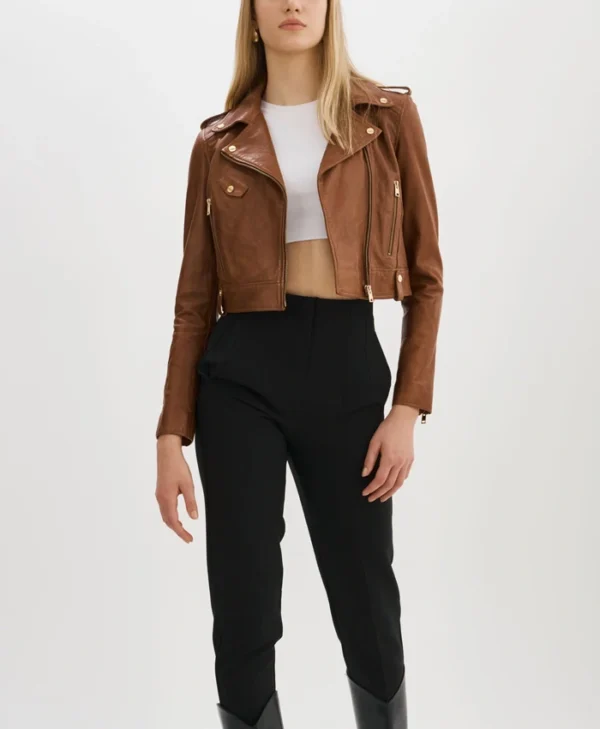 Jenna Women Waxed Leather Jacket Brown Stand