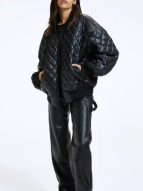 Julia Quilted Bomber Leather Jacket Stand Up
