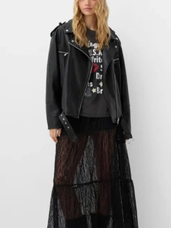 Kate Women Black Moto Leather Jacket Stand Up