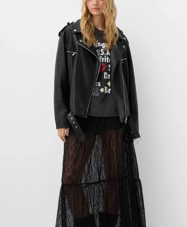 Kate Women Black Moto Leather Jacket Stand Up