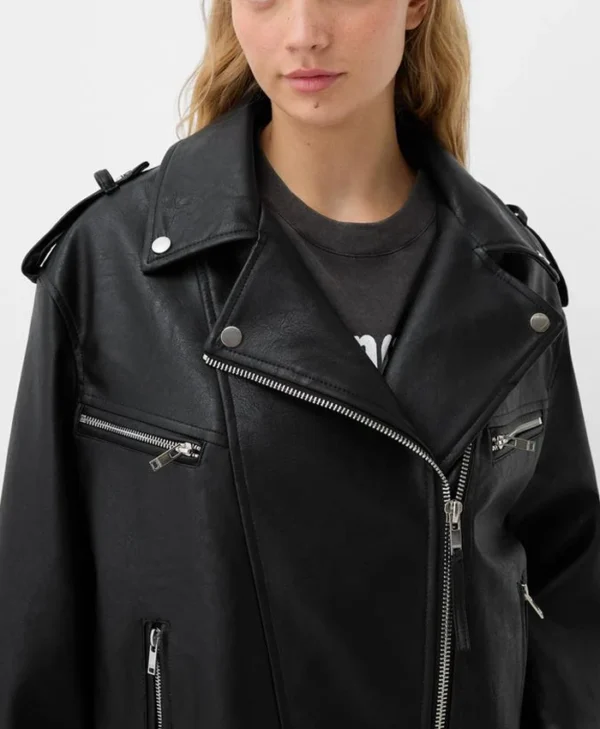 Kate Women Black Moto Leather Jacket Zipper
