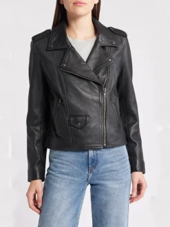 Lana Women Leather Motorcycle Jacket Black Studded Closure