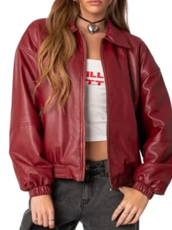 Lily Maroon Bomber Jacket Women Rib Knitted