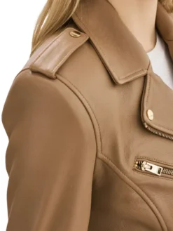 Lora Womens Beige Leather Jacket Collar