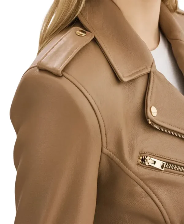 Lora Womens Beige Leather Jacket Collar