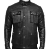 Mens 4 Pockets Black Leather Jacket Front