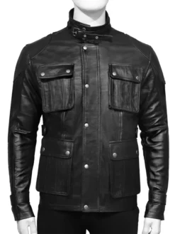 Mens 4 Pockets Black Leather Jacket Front