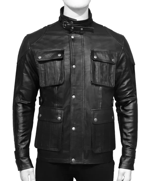 Mens 4 Pockets Black Leather Jacket Front