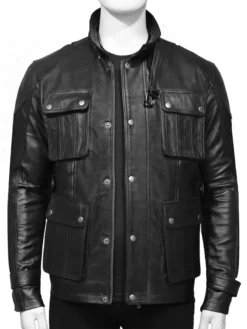 Mens 4 Pockets Black Leather Jacket Main