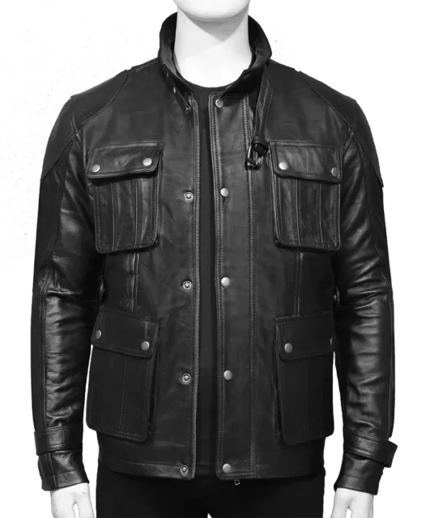 Mens 4 Pockets Black Leather Jacket Main