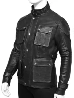 Mens 4 Pockets Black Leather Jacket Side
