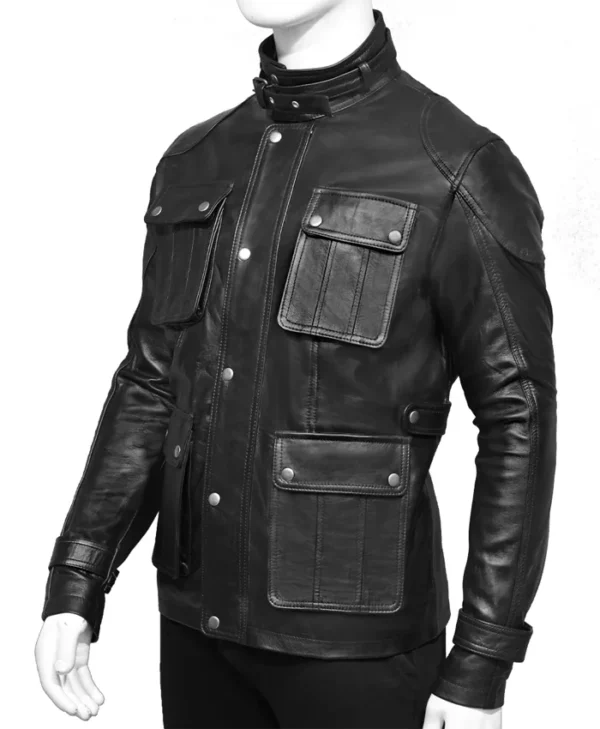 Mens 4 Pockets Black Leather Jacket Side
