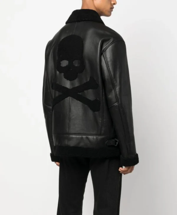 Mens Black Skull Printed B3 Sheepskin Jacket Back