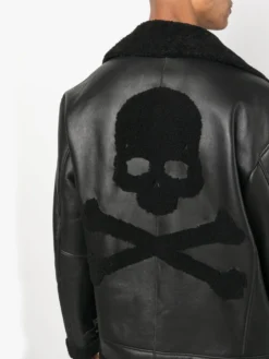Mens Black Skull Printed B3 Sheepskin Jacket Patched