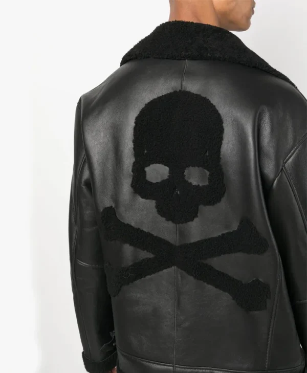Mens Black Skull Printed B3 Sheepskin Jacket Patched