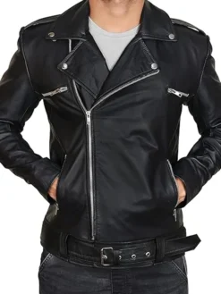 Mens Brando Black Leather Biker Jacket Closure