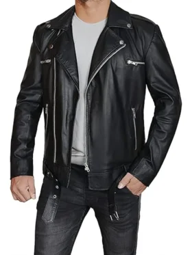 Mens Brando Black Leather Biker Jacket Main