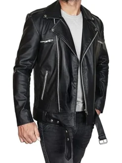 Mens Brando Black Leather Biker Jacket Side