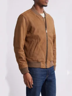 Mens Brown Suede Bomber Jacket Side