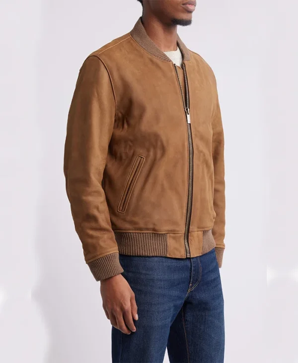 Mens Brown Suede Bomber Jacket Side