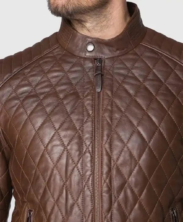 Mens Diamond Quilted Leather Jacket Collar
