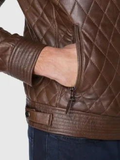 Mens Diamond Quilted Leather Jacket Pockets