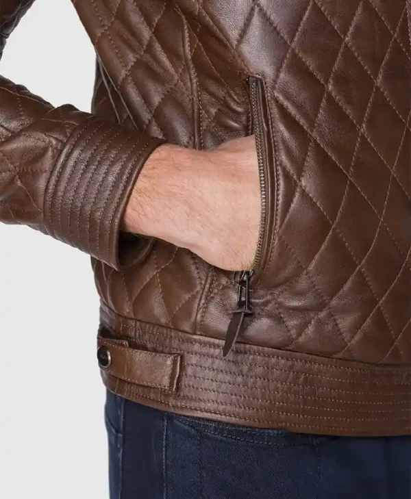 Mens Diamond Quilted Leather Jacket Pockets