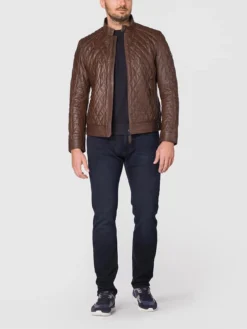 Mens Diamond Quilted Leather Jacket Stand Up
