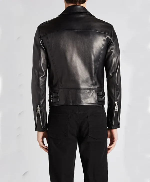 Mens Gm Black Leather Biker Jacket Back