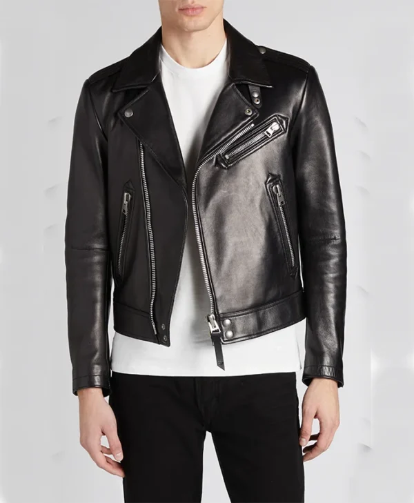 Mens Gm Black Leather Biker Jacket Main