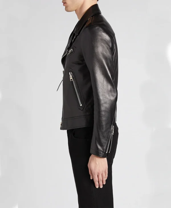 Mens Gm Black Leather Biker Jacket Side