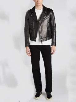 Mens Gm Black Leather Biker Jacket Stand