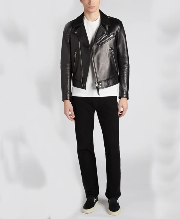 Mens Gm Black Leather Biker Jacket Stand