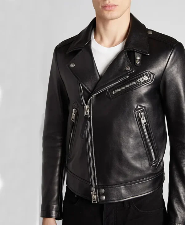 Mens Gm Black Leather Biker Jacket Zipper