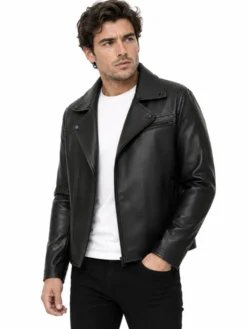 Shop Men's Herry Black Leather Moto Jacket for sale
