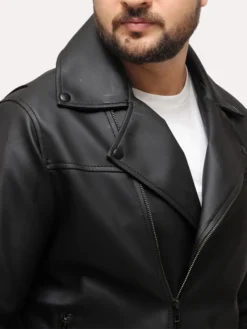 Mens Herry Black Leather Moto Jacket Collar