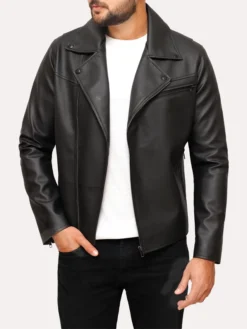 Mens Herry Black Leather Moto Jacket Front