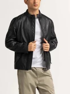 Mens Jet Black Cafe Racer Motorcycle Jacket Main