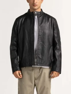 Mens Jet Black Cafe Racer Motorcycle Jacket Snap
