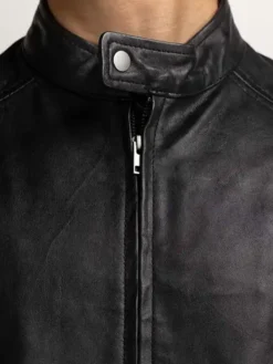 Mens Jet Black Cafe Racer Motorcycle Jacket Tab