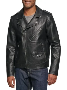 Men’s Kenrick Black Slim-Fit Leather Biker Jacket Main