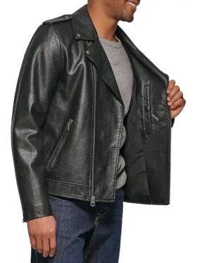 Men’s Kenrick Black Slim-Fit Leather Biker Jacket Open
