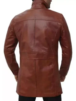 Mens Leather Brown Mid Length Trench Coat Back